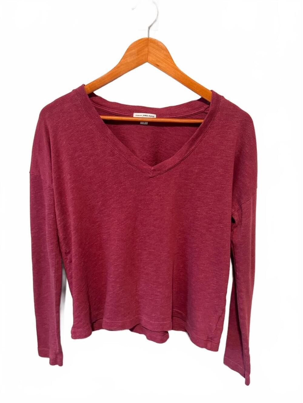 JAMES PERSE | Standard V-Neck Long Sleeve Tee Burgundy Heathered Size 2 Medium